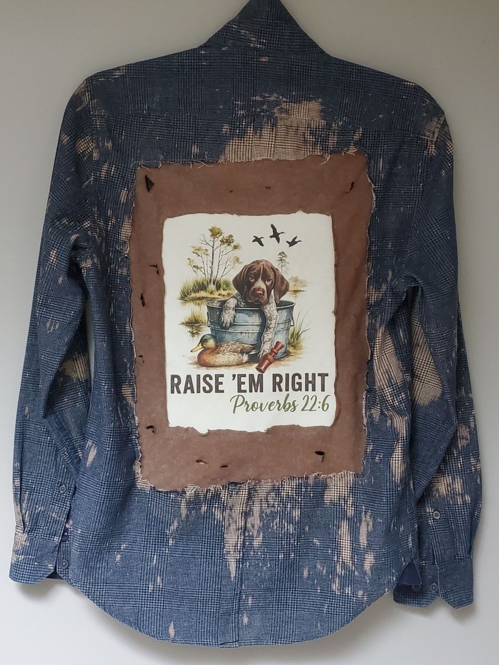 Upcycled Bleached Blue Plaid Button-Up Shirt with Graphic Patch